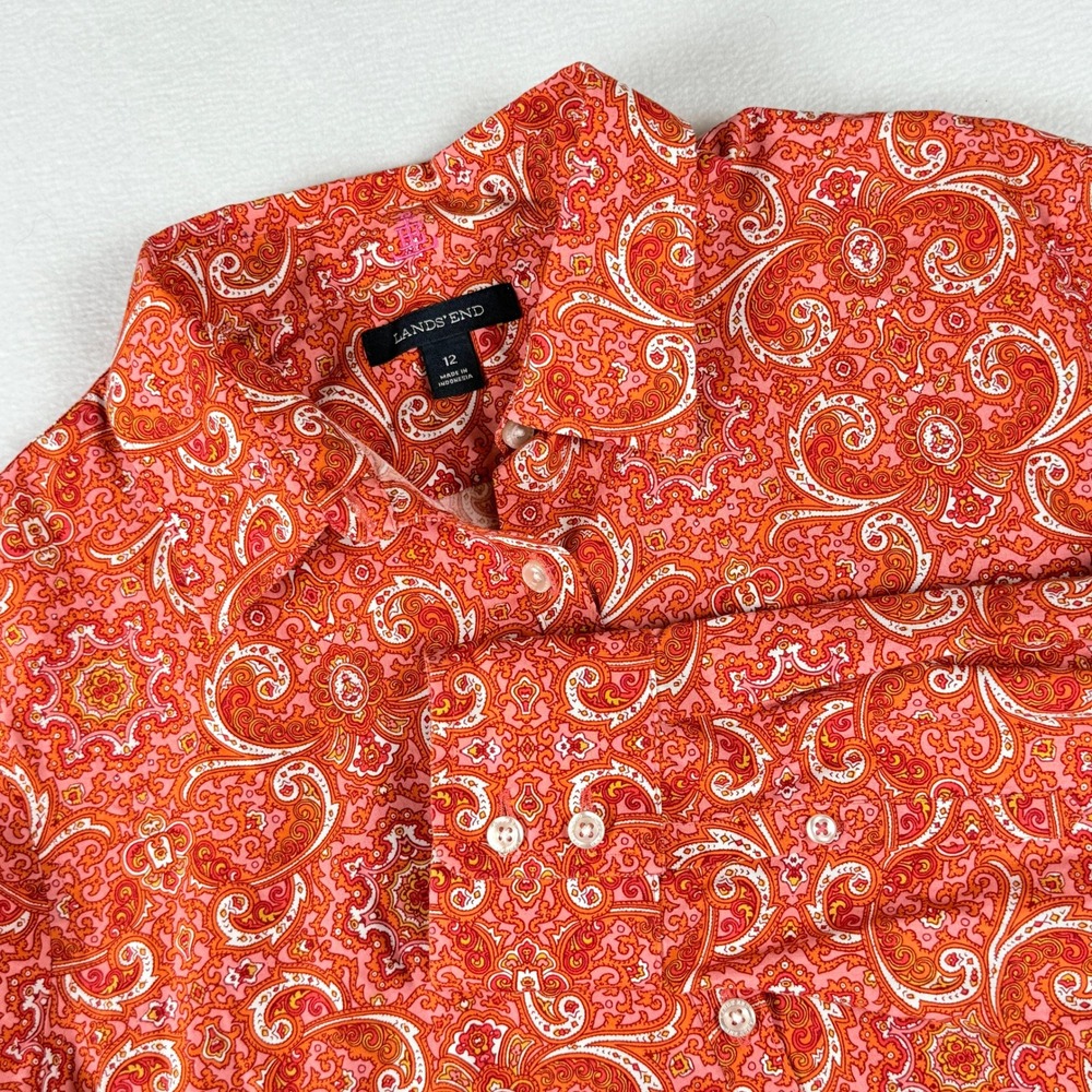 Lands' End Button‎ Down Shirt Womens 12 Orange Paisley Long Sleeve Boho Retro